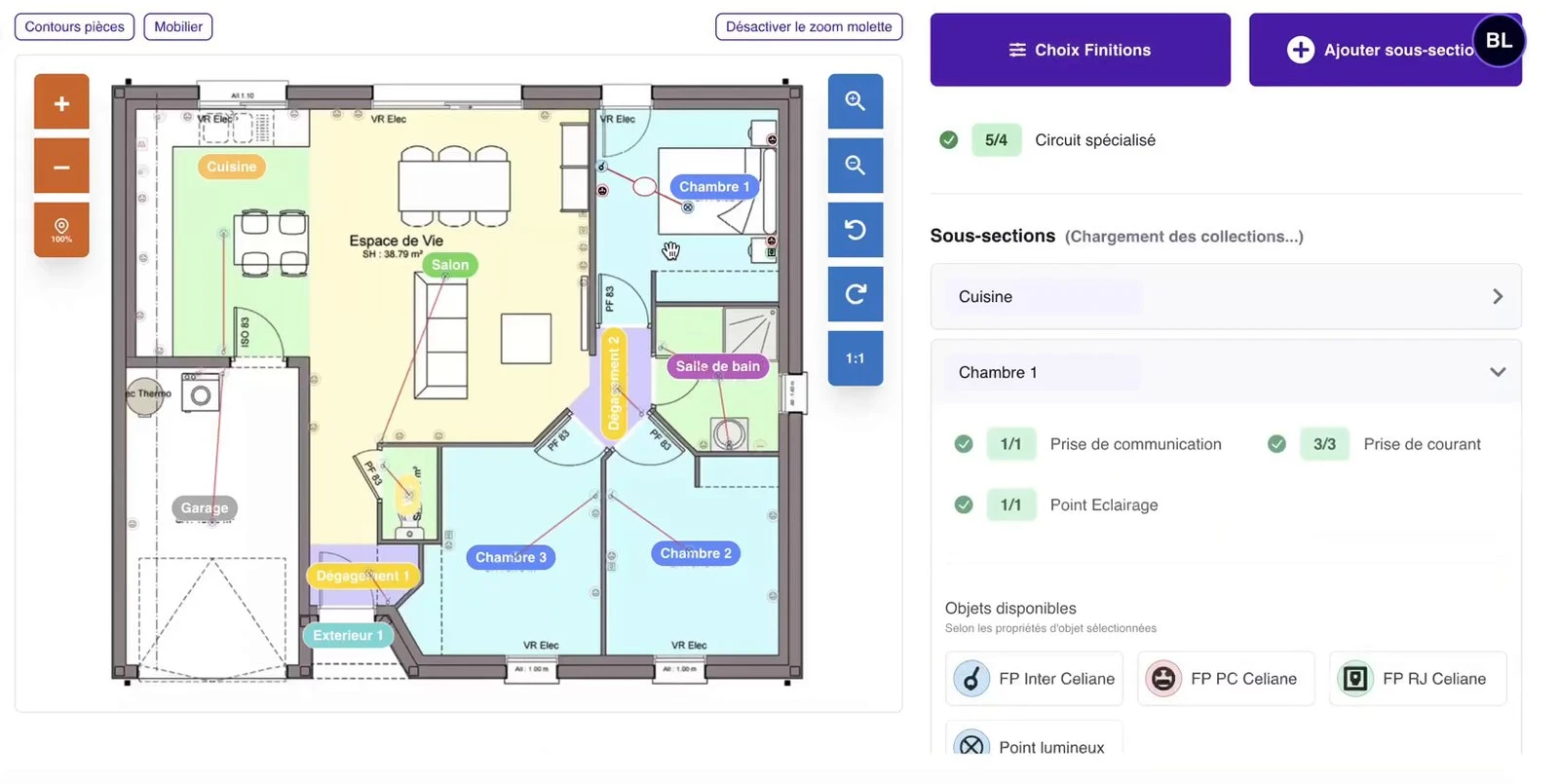 Plan d'une maison analysé : pièces reconnues, équipements placés et contrôle par pièce
